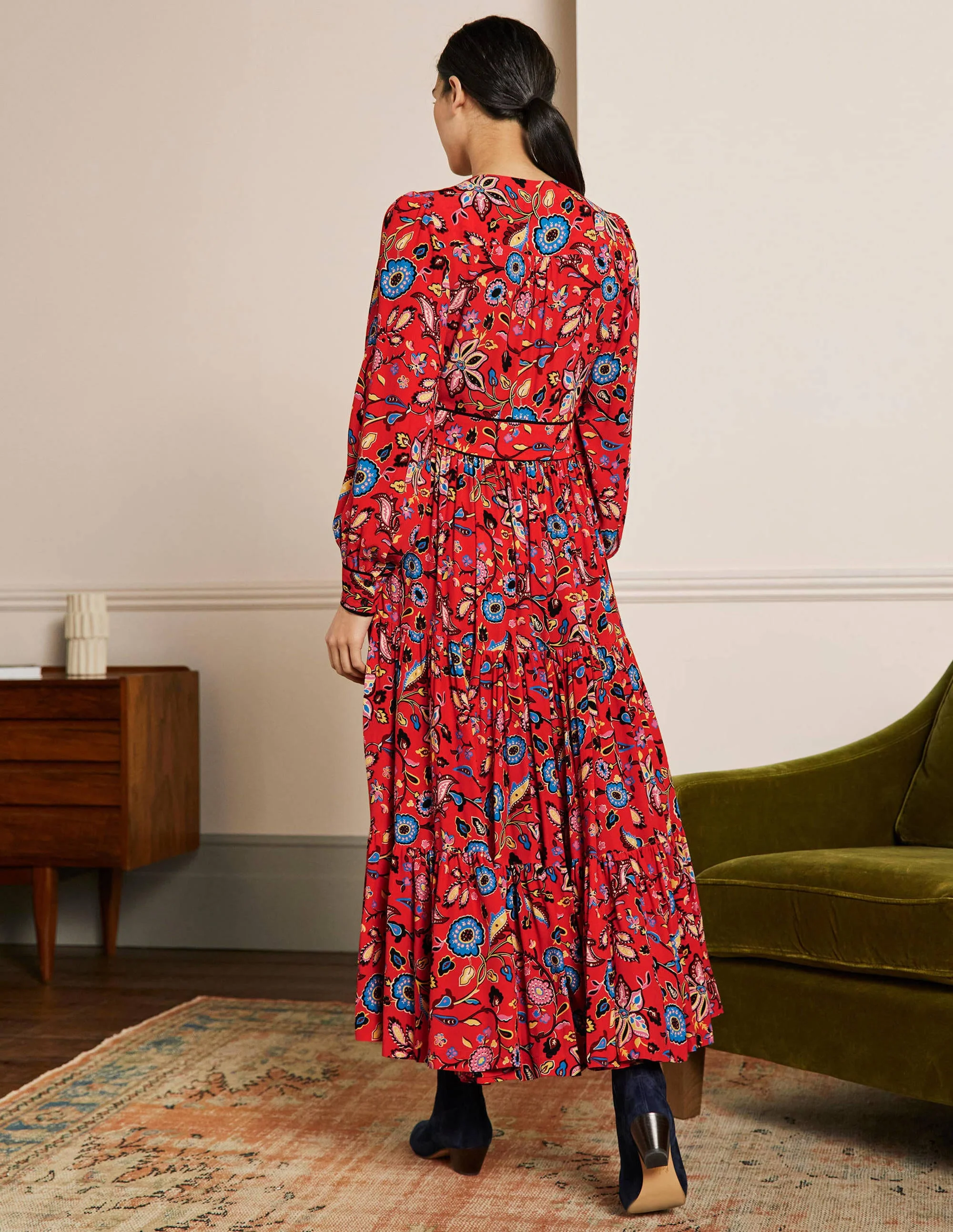 V-Neck Tiered Midi Dress-Red, Opulent Paradise - Image 3