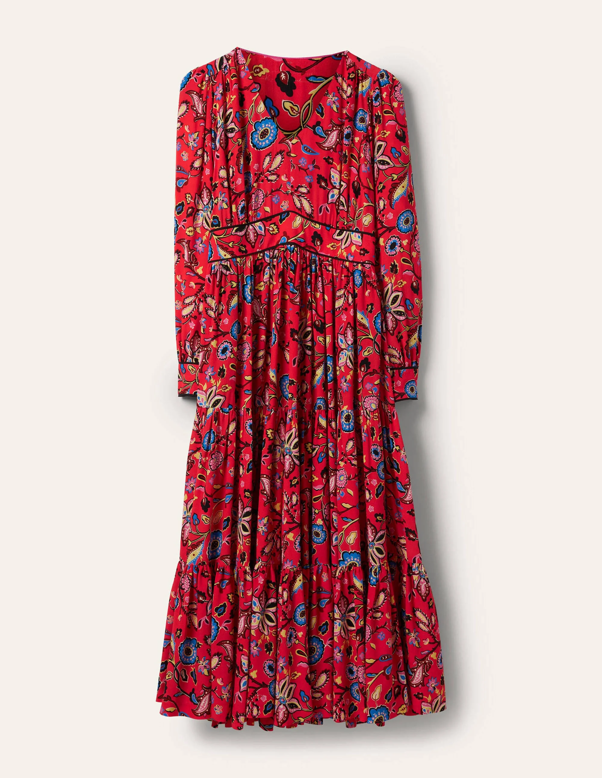 V-Neck Tiered Midi Dress-Red, Opulent Paradise - Image 5