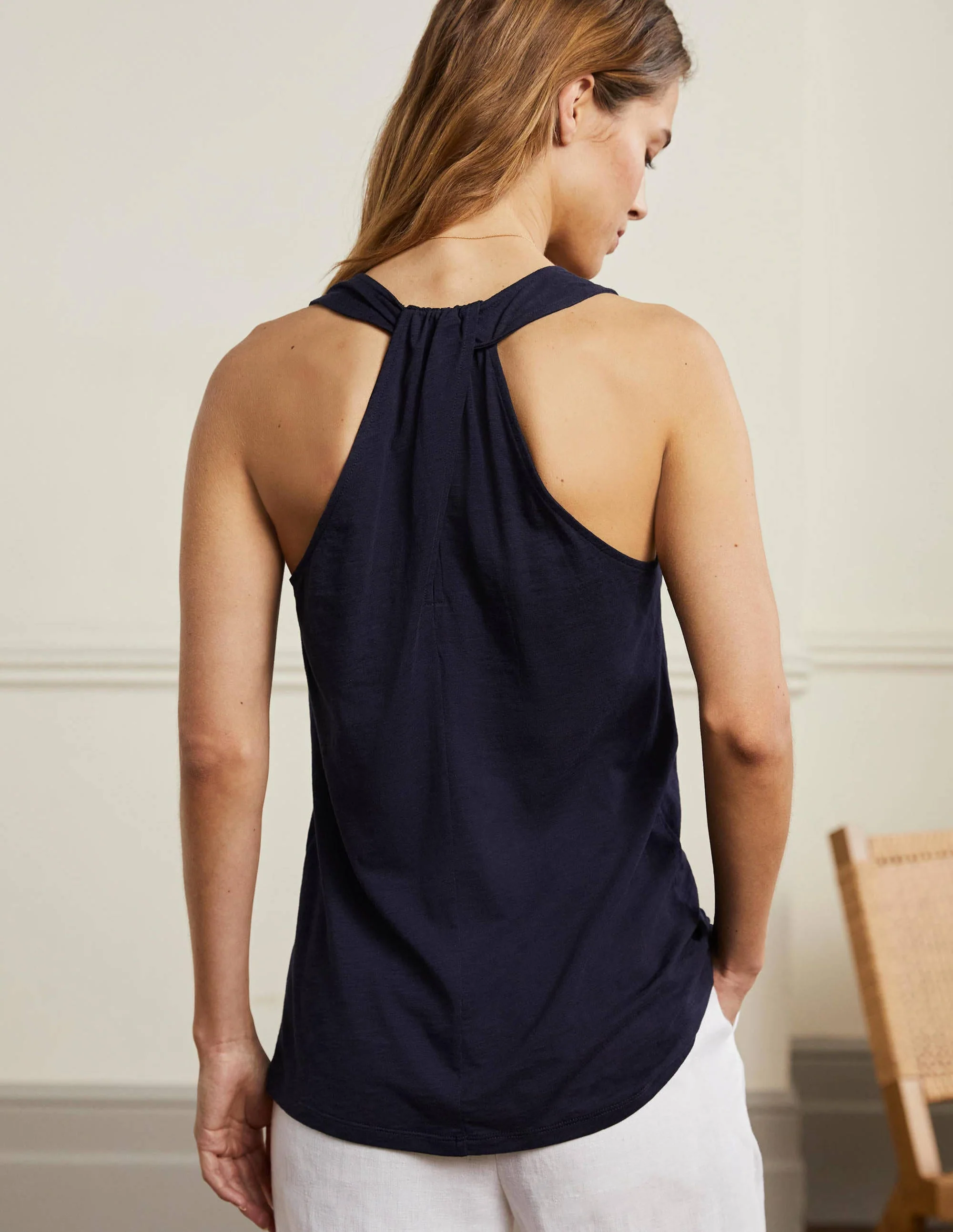 V-Neck Twist Back Jersey Top-Navy - Image 3