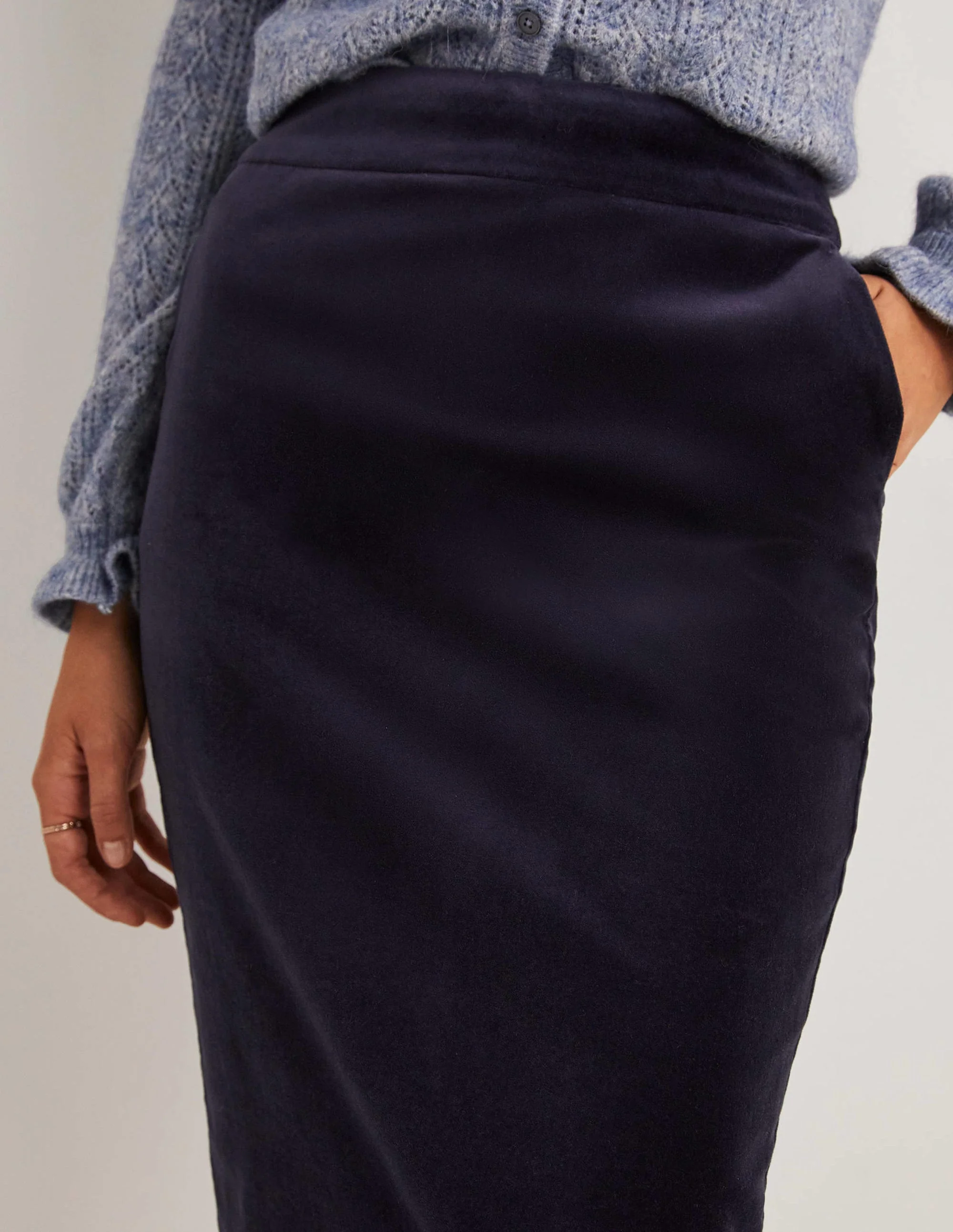 Velvet Midi Pencil Skirt-Navy - Image 2