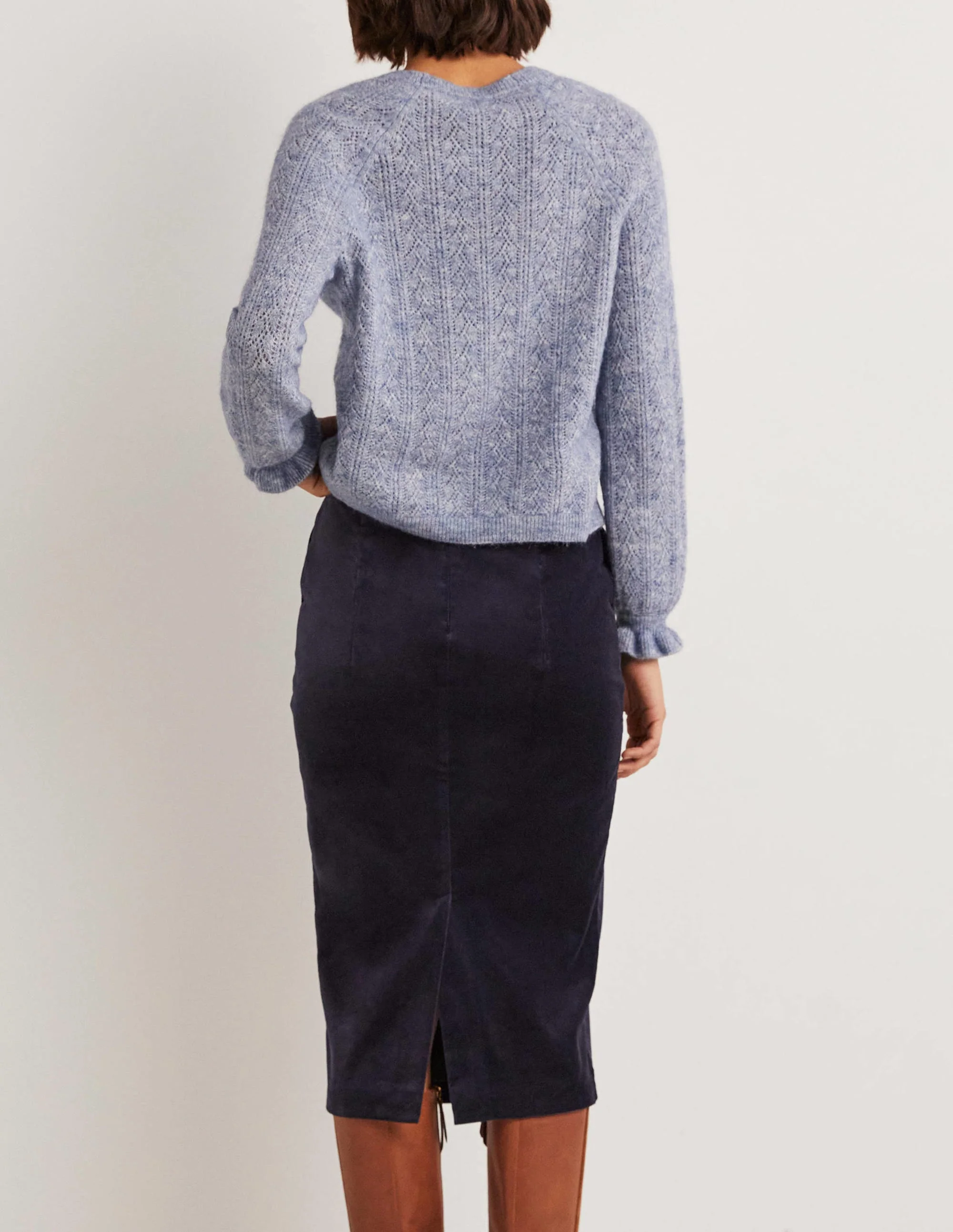 Velvet Midi Pencil Skirt-Navy - Image 3