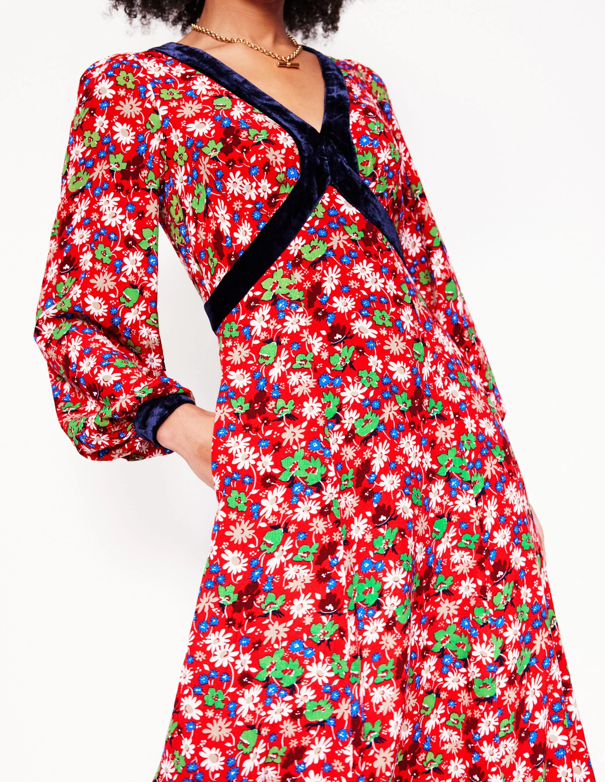 Velvet Trim Maxi Tea Dress-Bright Ruby, Floral Burst - Image 2