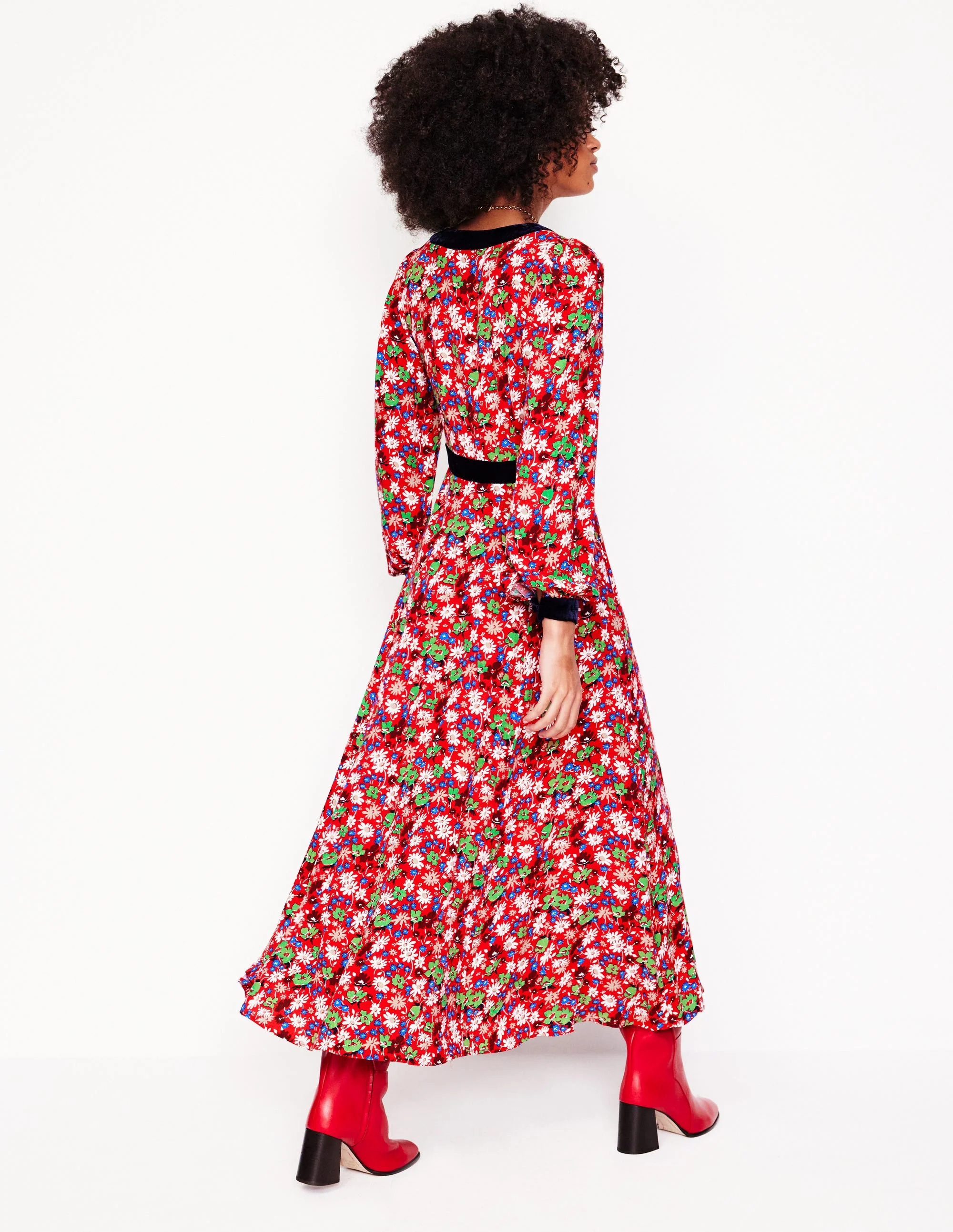 Velvet Trim Maxi Tea Dress-Bright Ruby, Floral Burst - Image 3