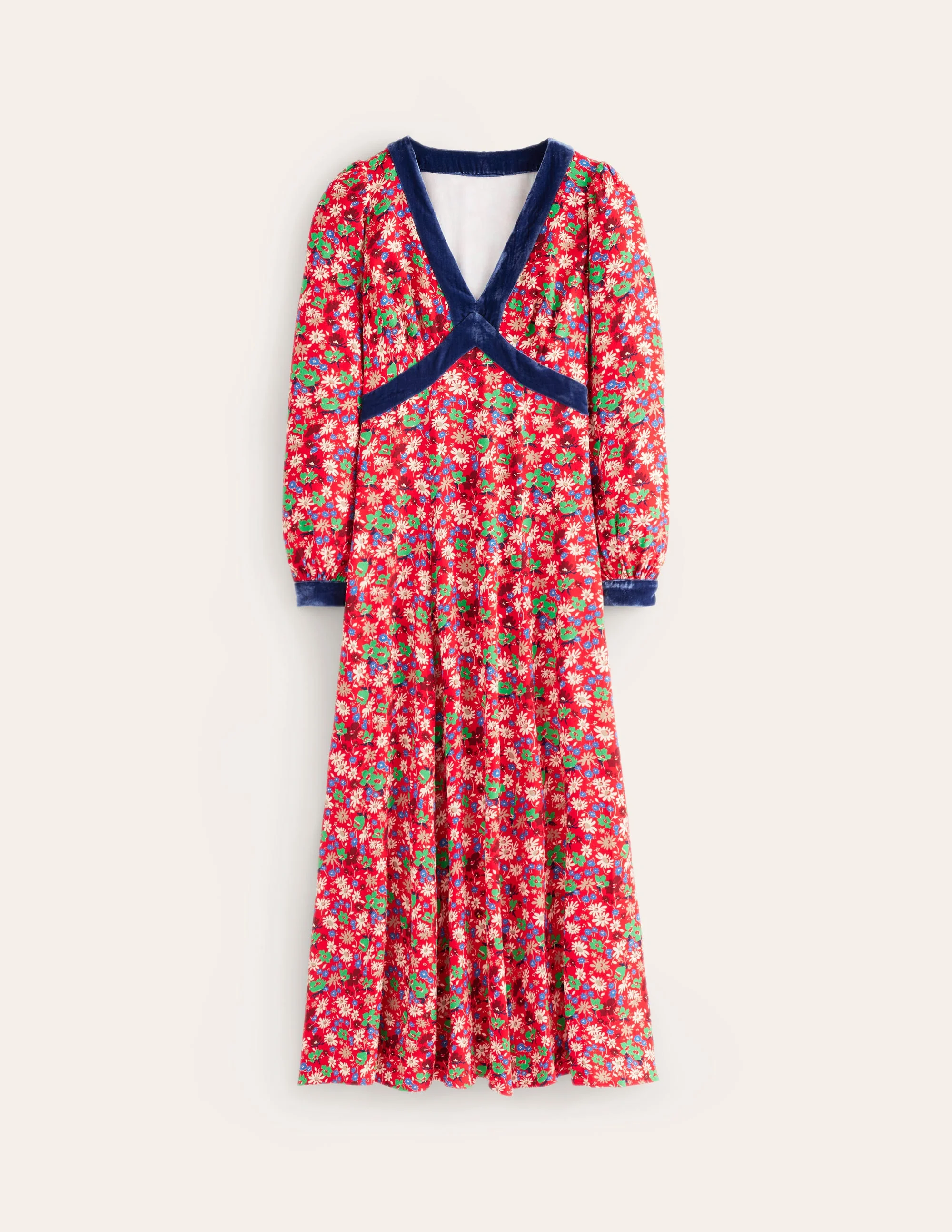 Velvet Trim Maxi Tea Dress-Bright Ruby, Floral Burst - Image 5