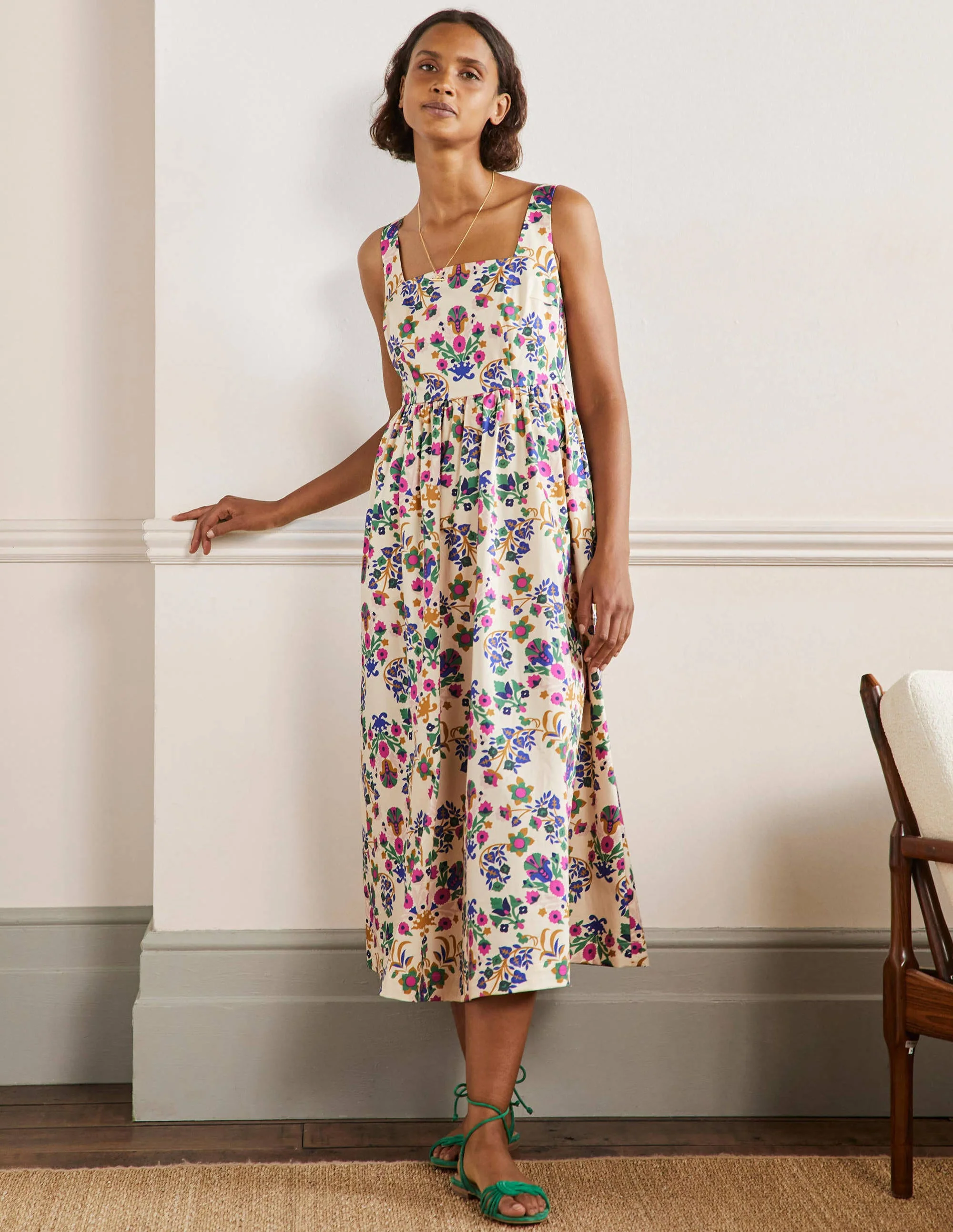 Violet Square Neck Midi Dress-Ivory, Bouquet Flourish
