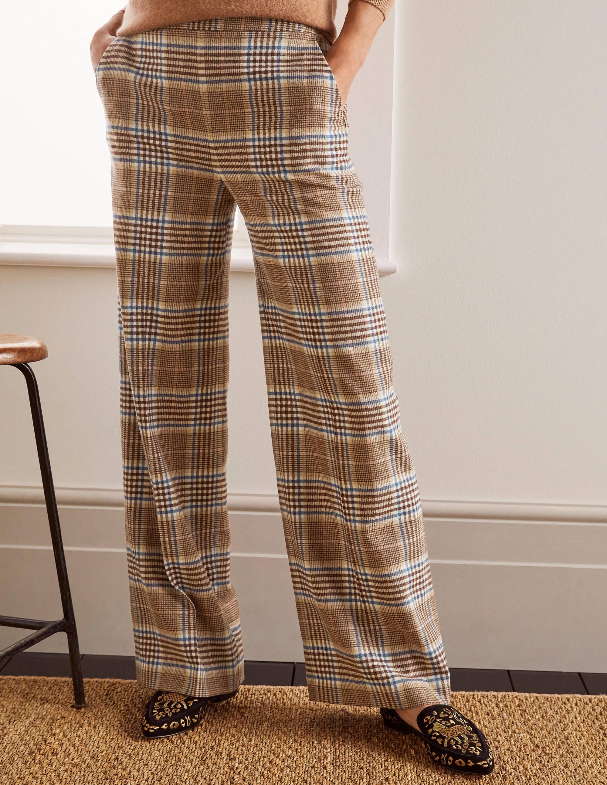 Wesley Wool Pants-Brown and Coral Check