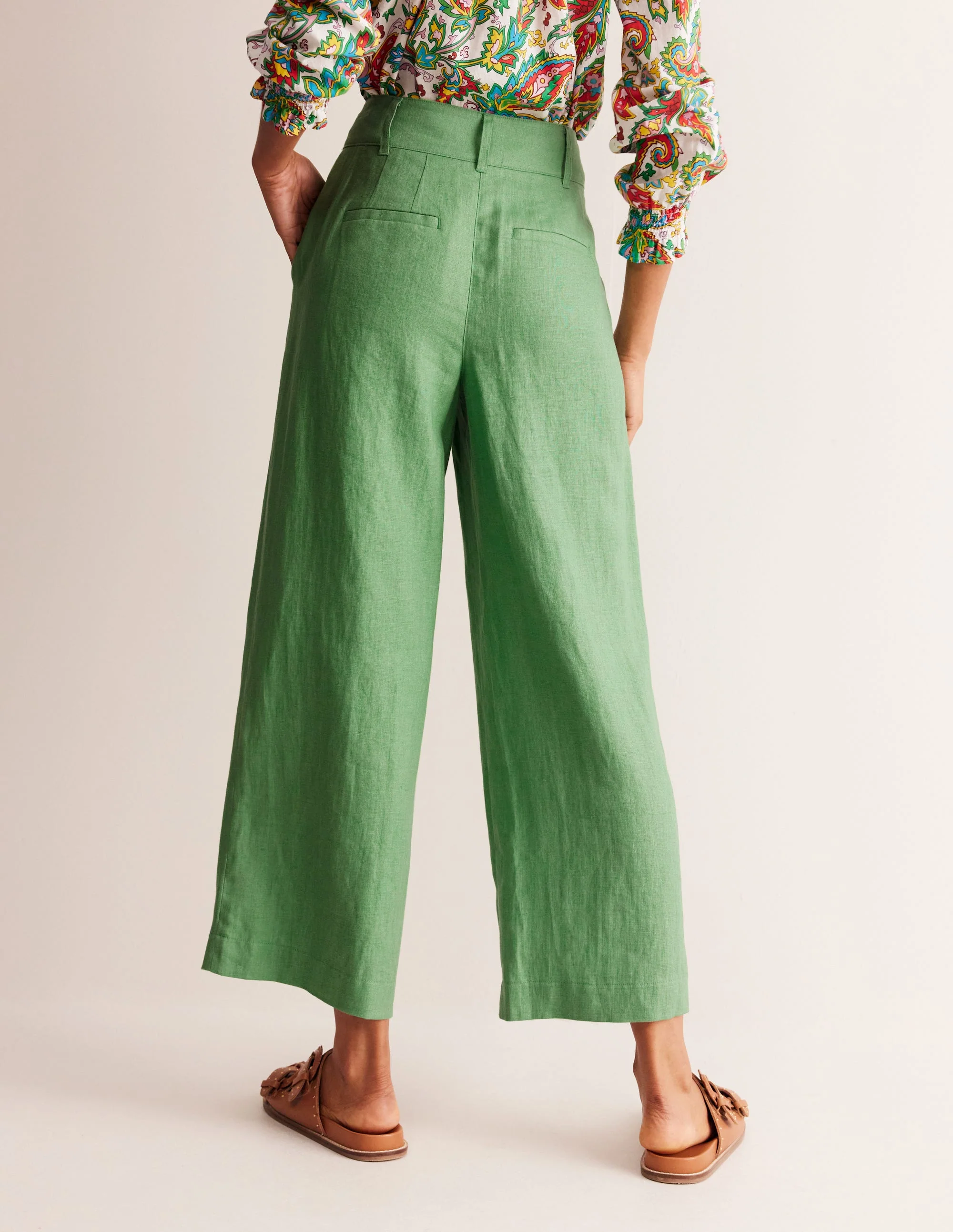 Westbourne Cropped Linen Pants-Stone Green - Image 3