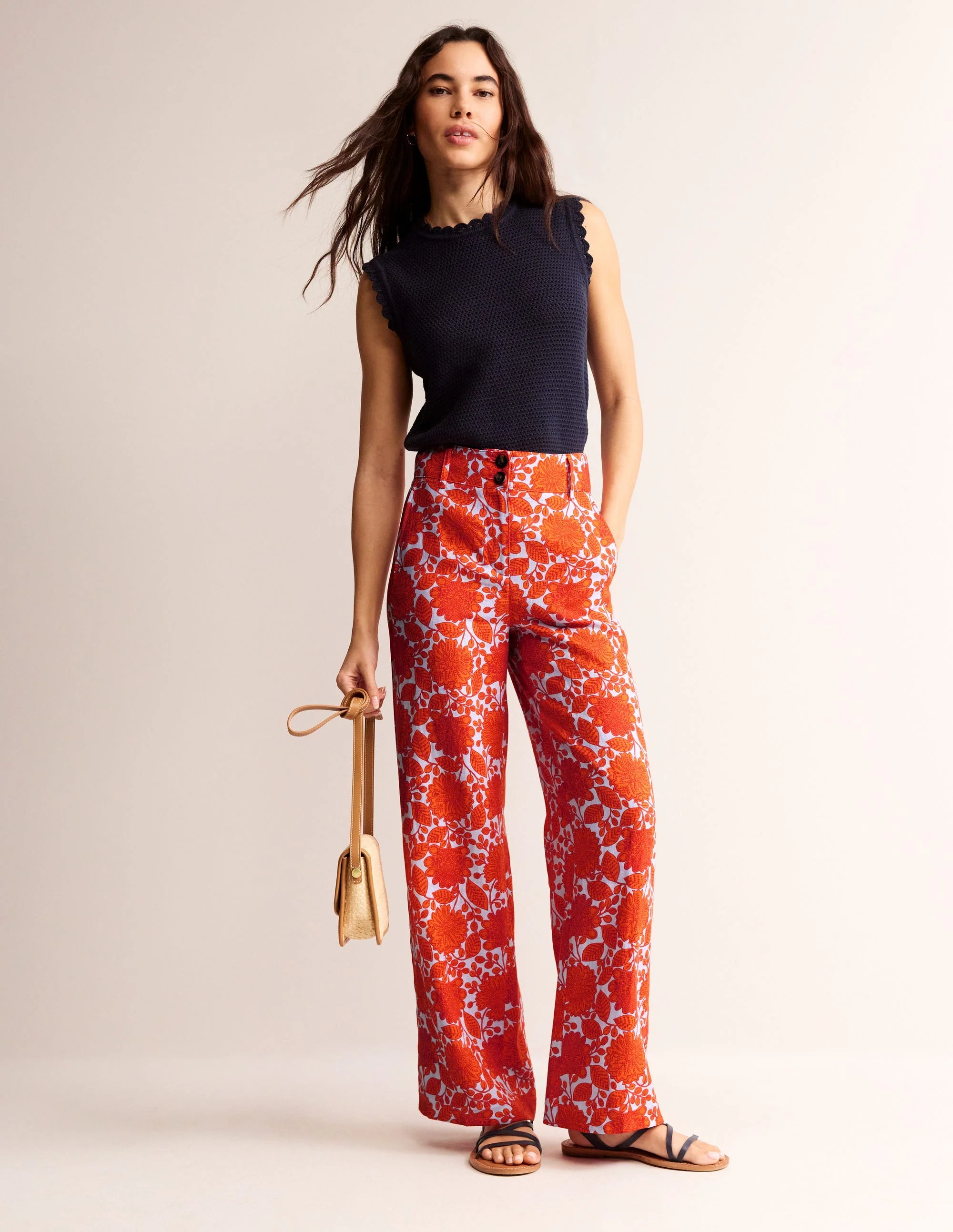 Westbourne Linen Pants-Firecracker, Gardenia Swirl