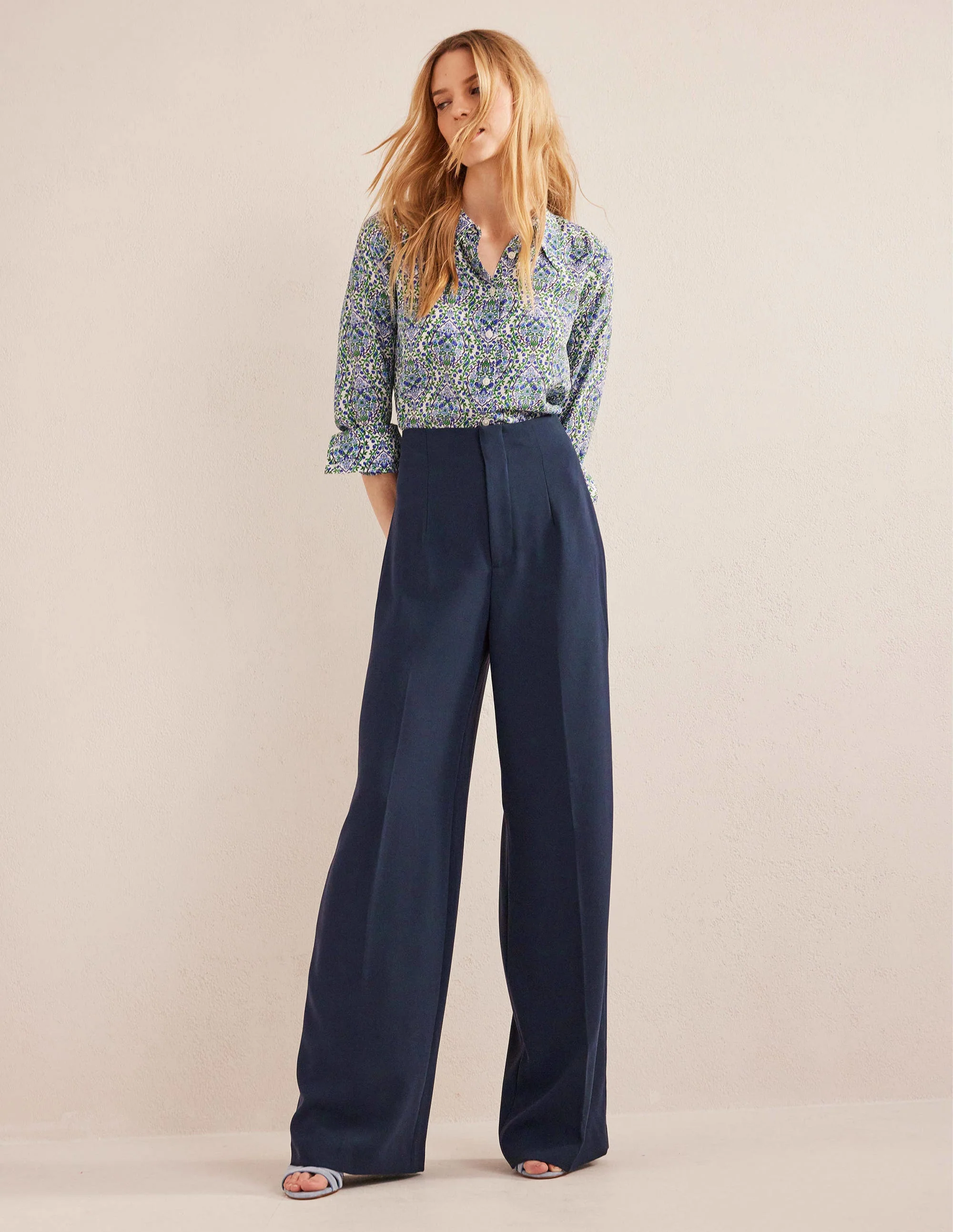 Wide Leg Crepe Pants-Navy