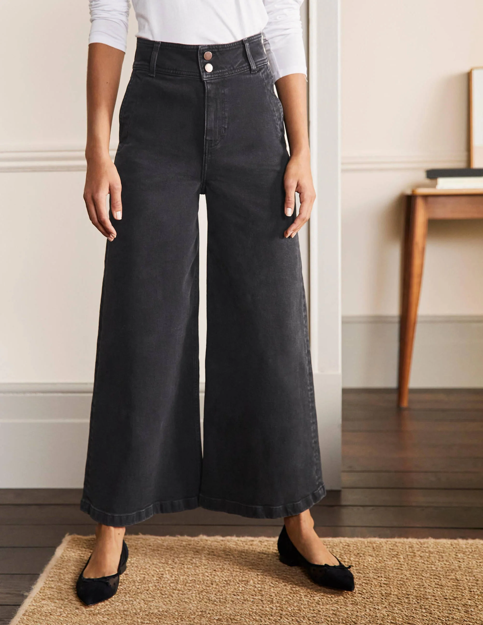 Wide Leg Denim Culottes-Washed Black - Image 3