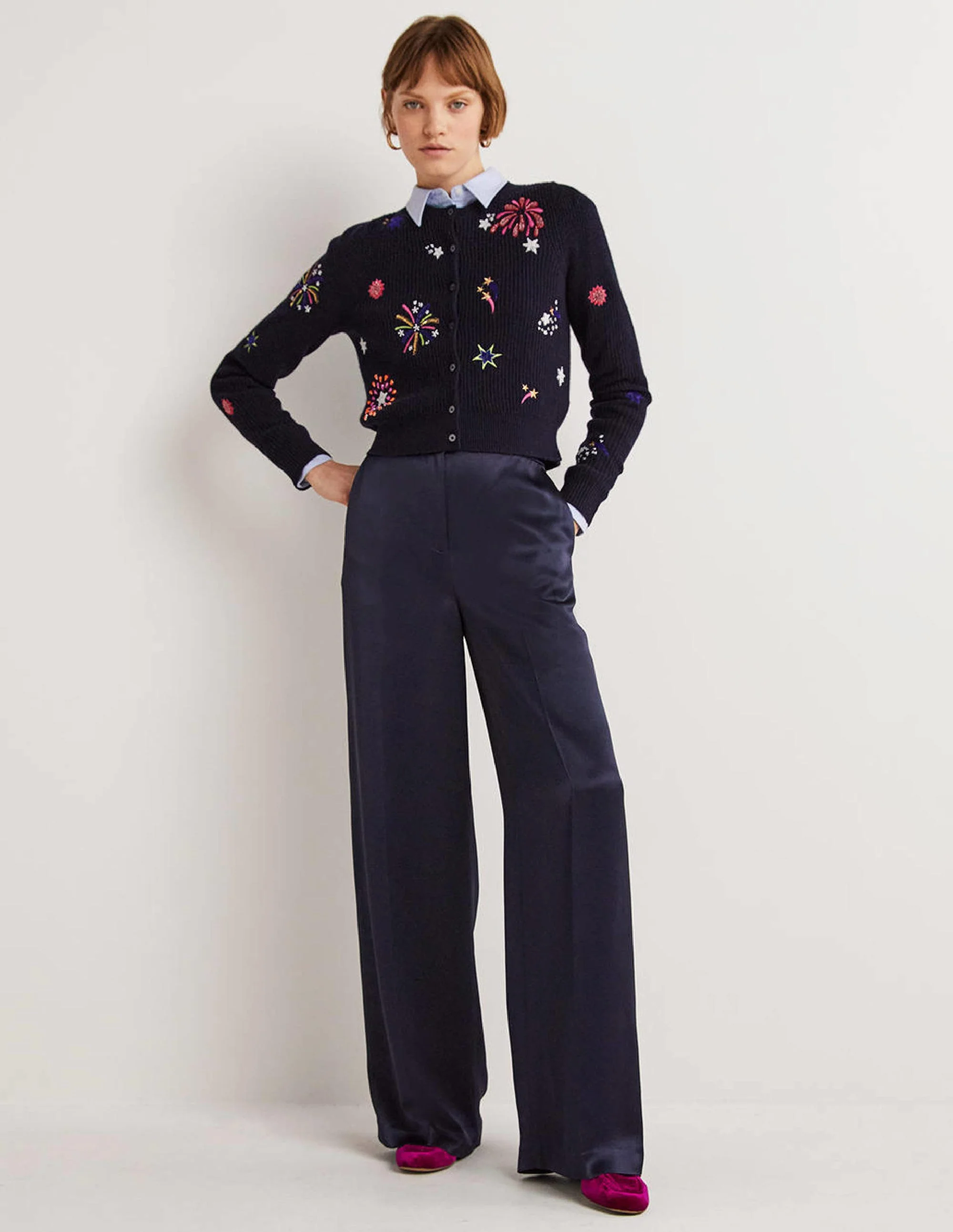 Wide Leg Satin Trousers-Navy Satin