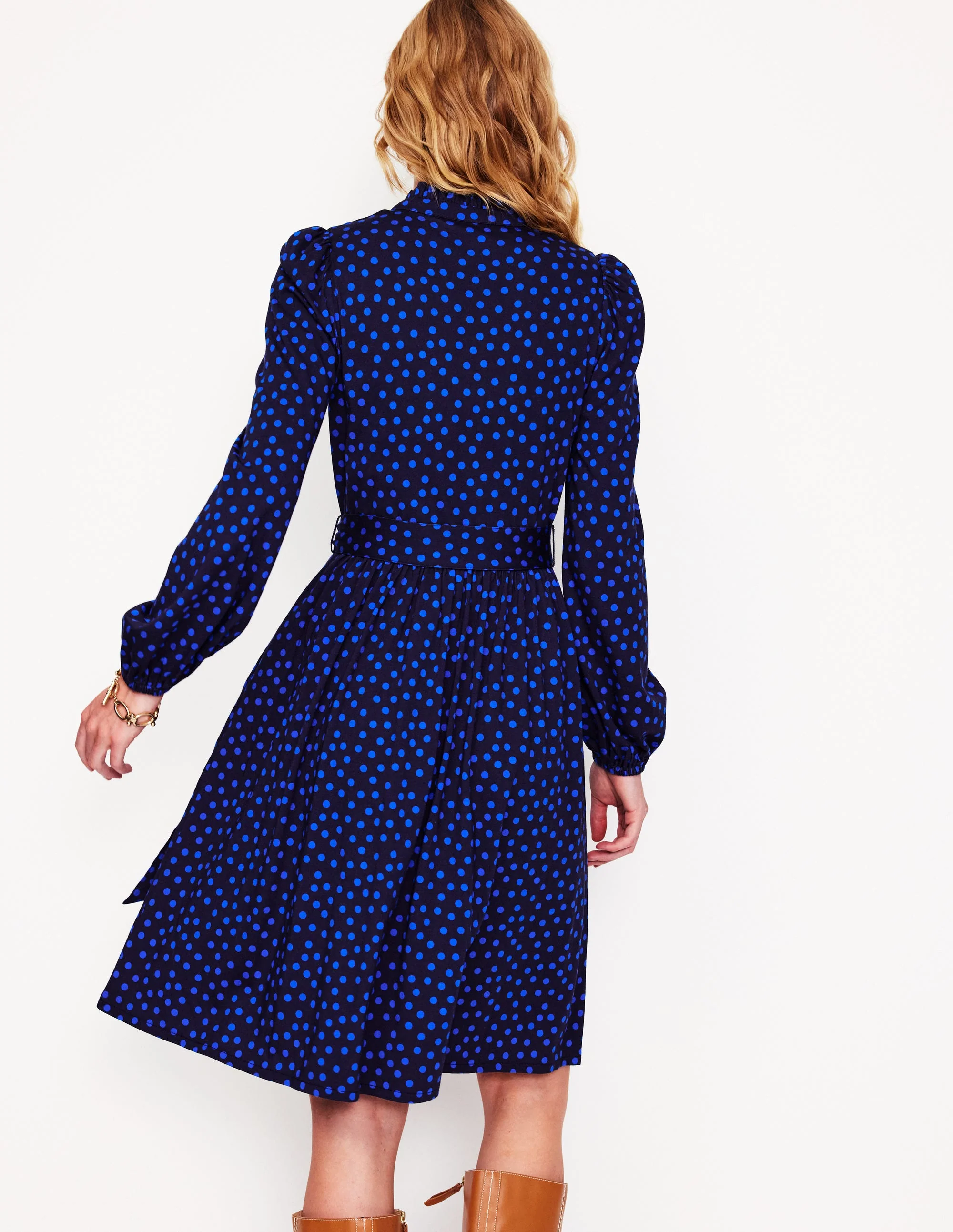 Willow Frill Short Shirt Dress-French Navy, Abstract Dot - Image 3