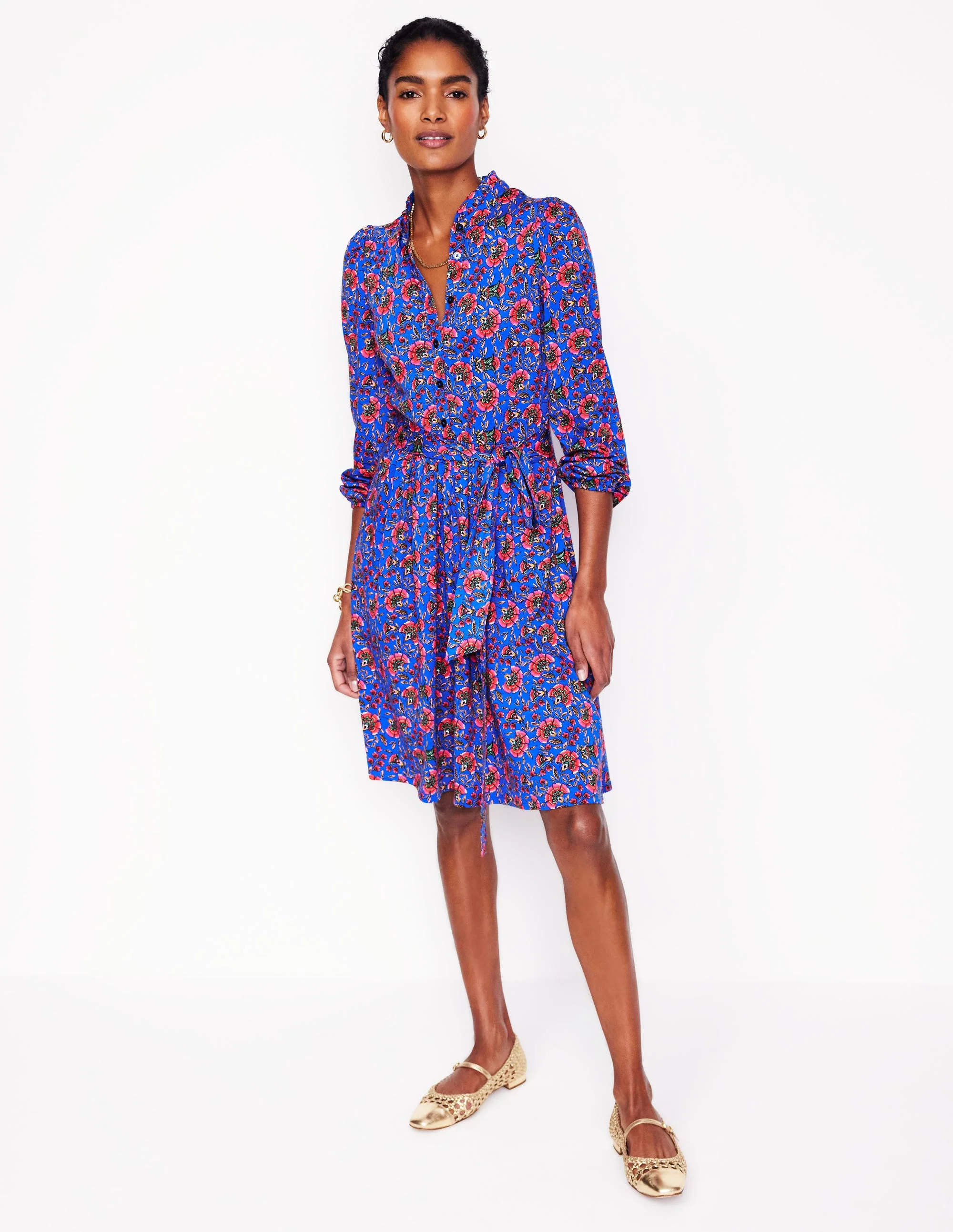 Willow Ruffle Neck Shirt Dress-Gallery Blue, Decorative Vine - Image 5