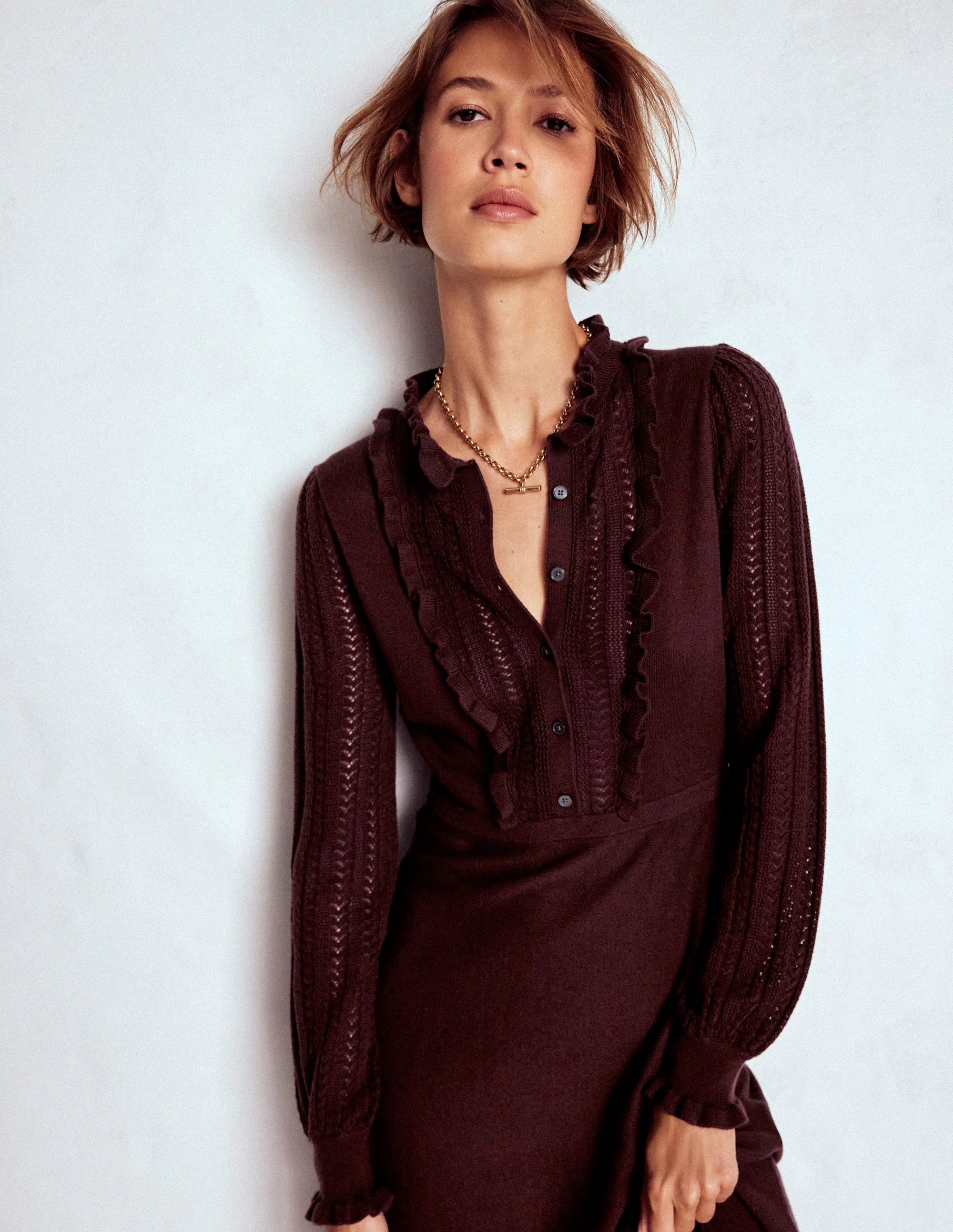 Winifred Frilled Knitted Dress-Coffee Bean - Image 2