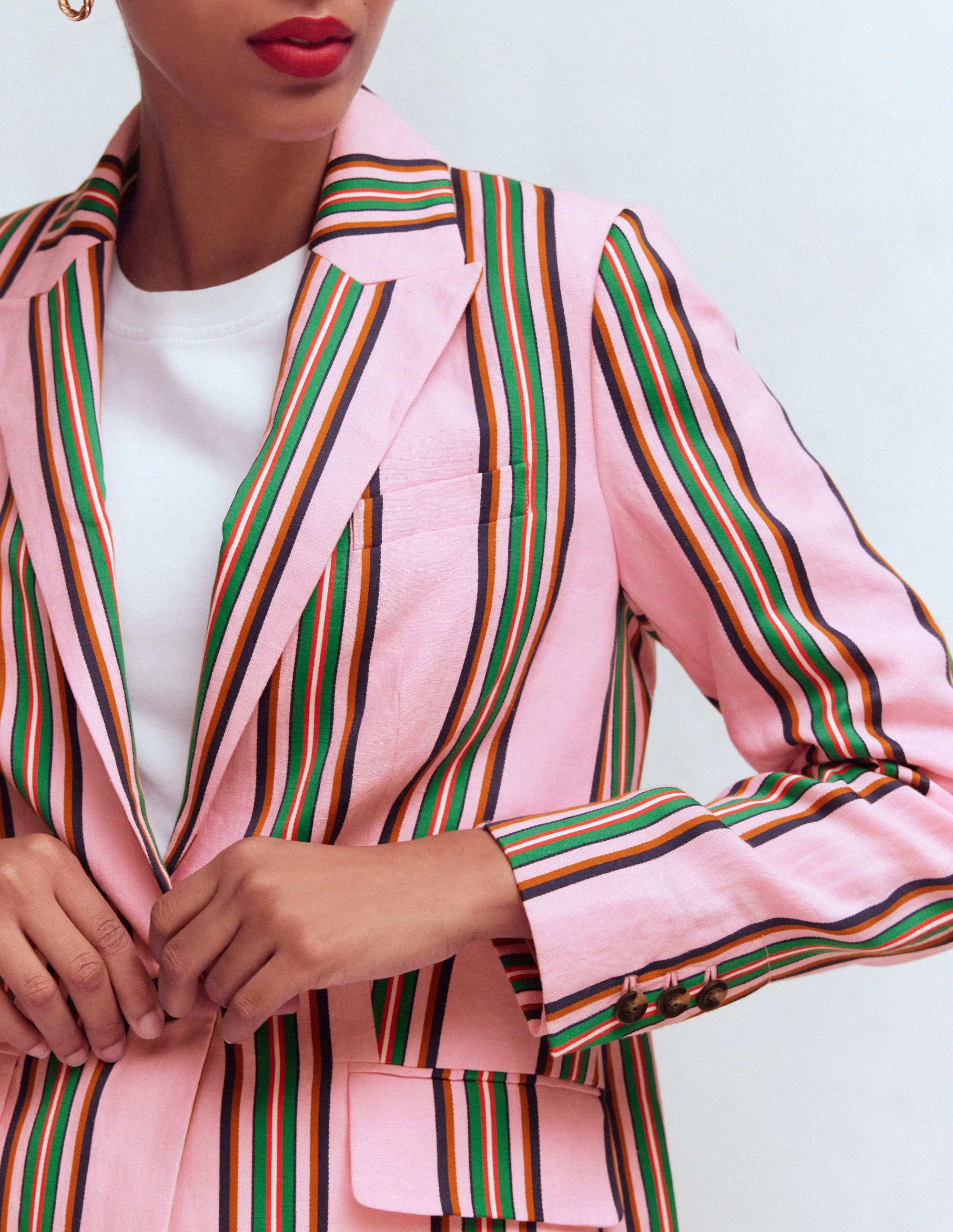 Woodbridge Linen Blazer-Pink, Rich Emerald Stripe - Image 2