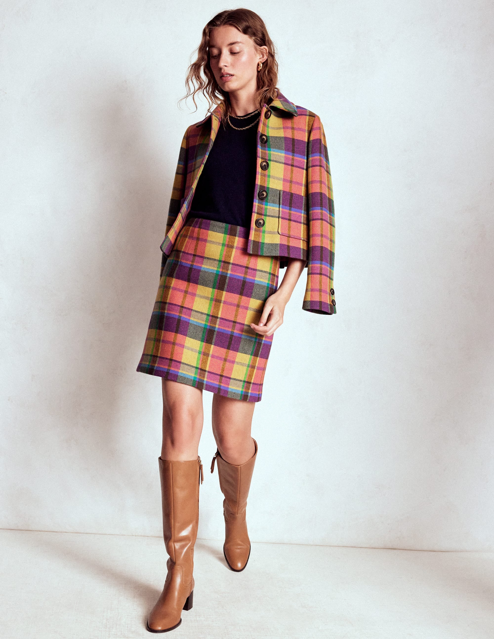 Wool A-Line Skirt-Yellow, Pink and Green Check - Image 4