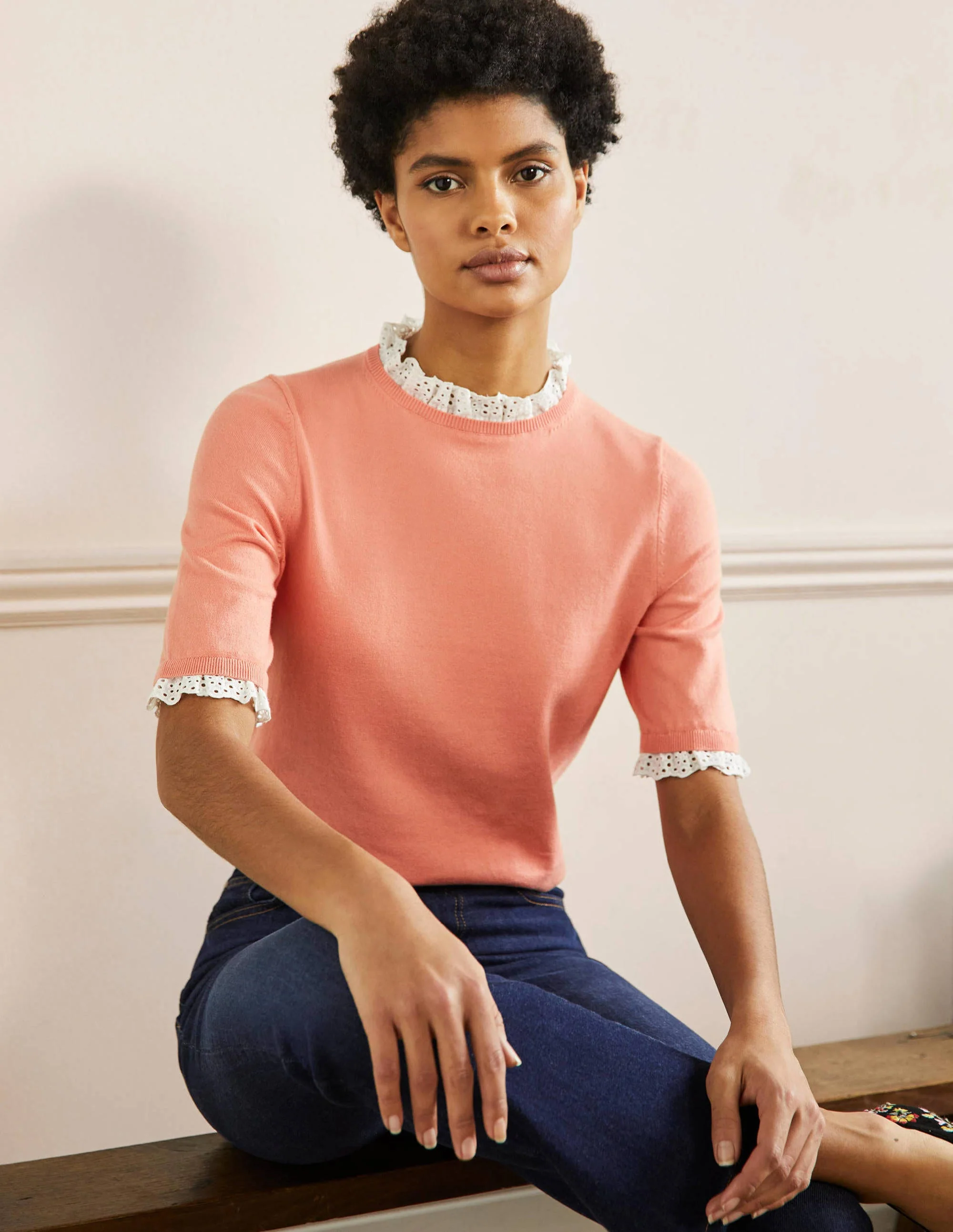 Woven Mix Knitted T-Shirt-Chalky Coral