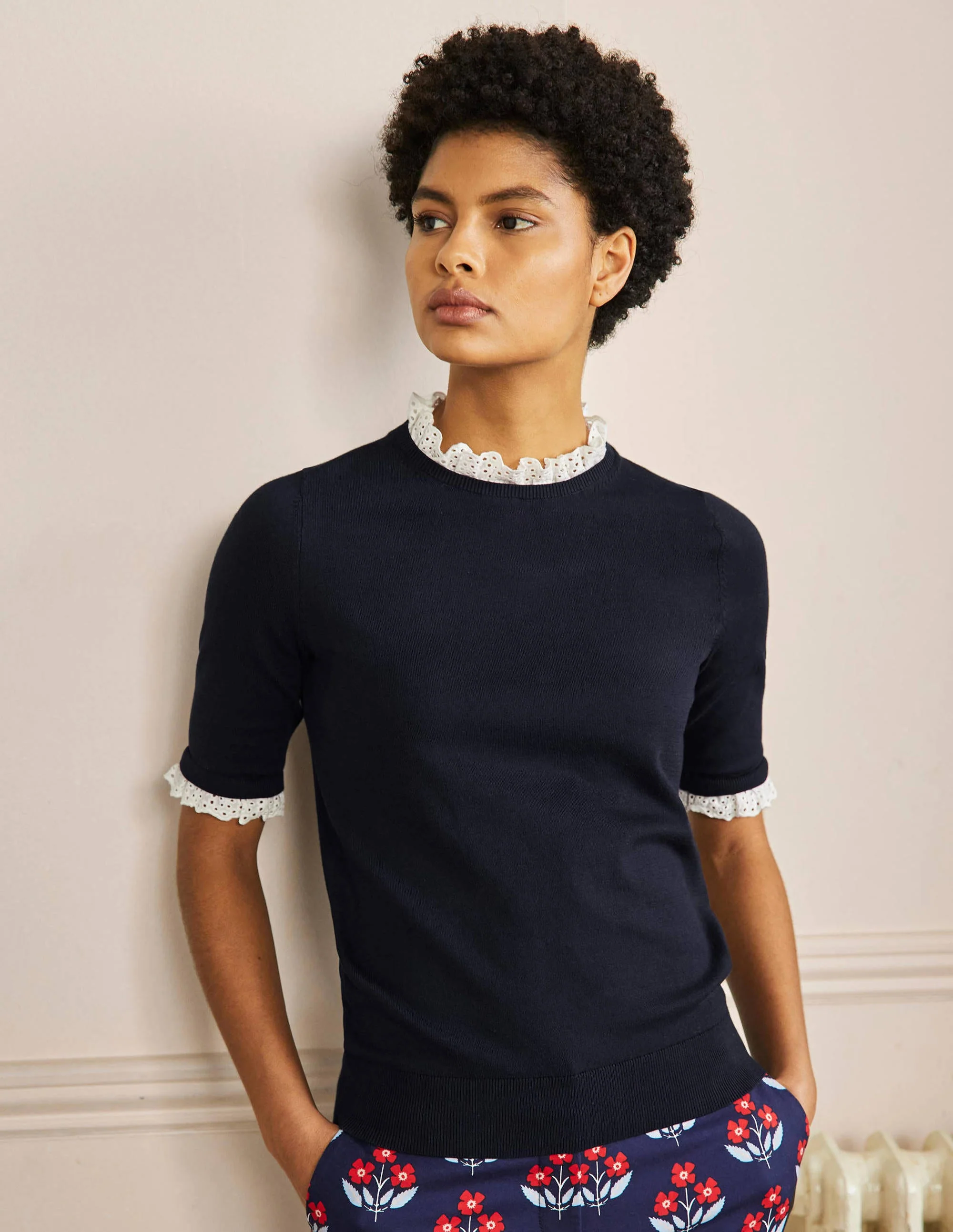 Woven Mix Knitted T-Shirt-Navy