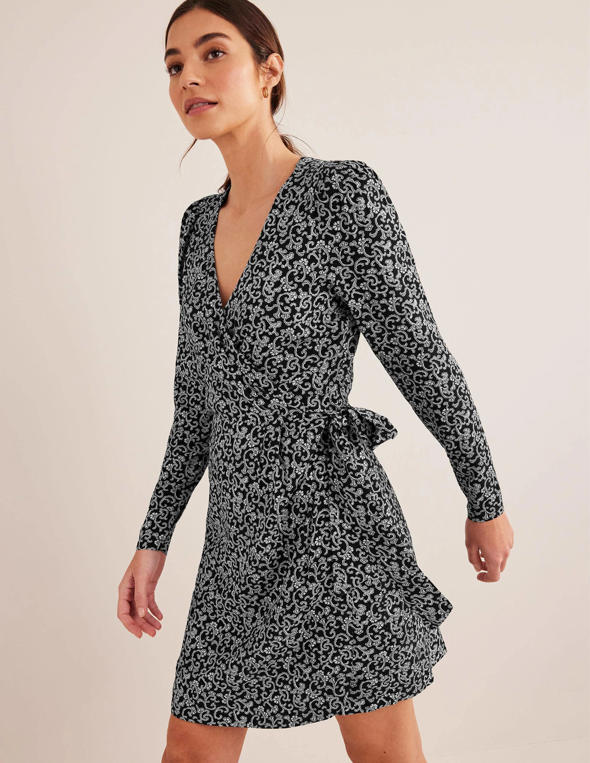 Wrap Detail Mini Dress-Black, Swirl Sprig - Image 4