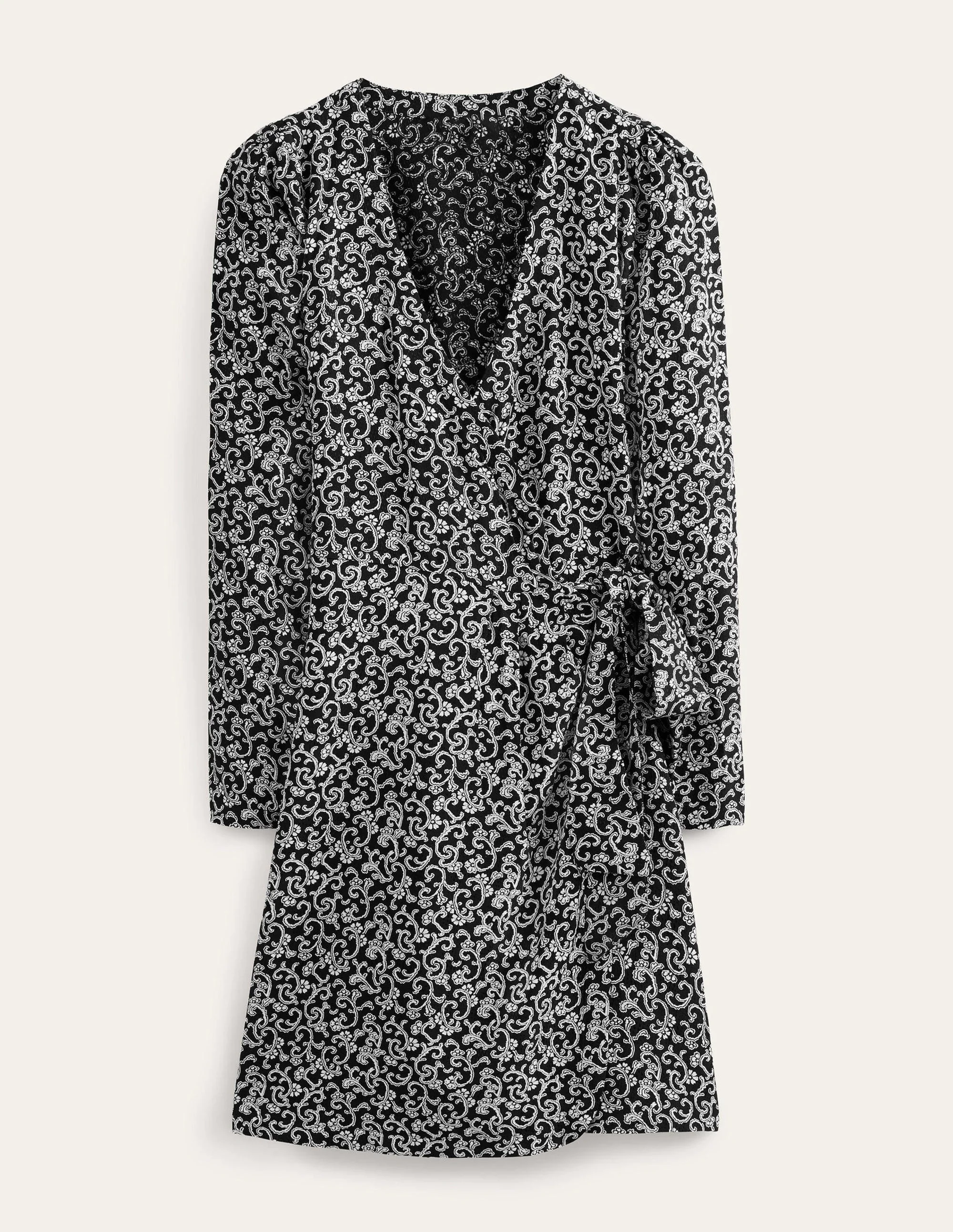Wrap Detail Mini Dress-Black, Swirl Sprig - Image 5