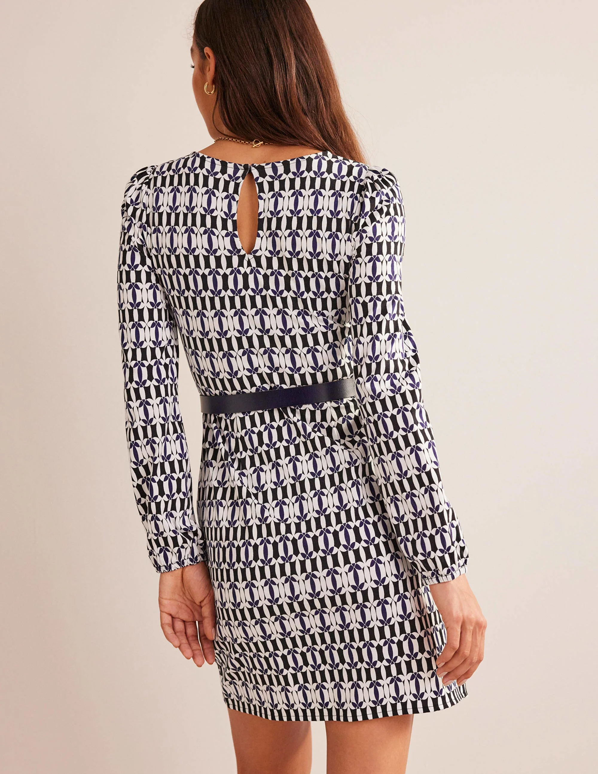Wrap-Effect Jersey Mini Dress-Black, Geometric - Image 4