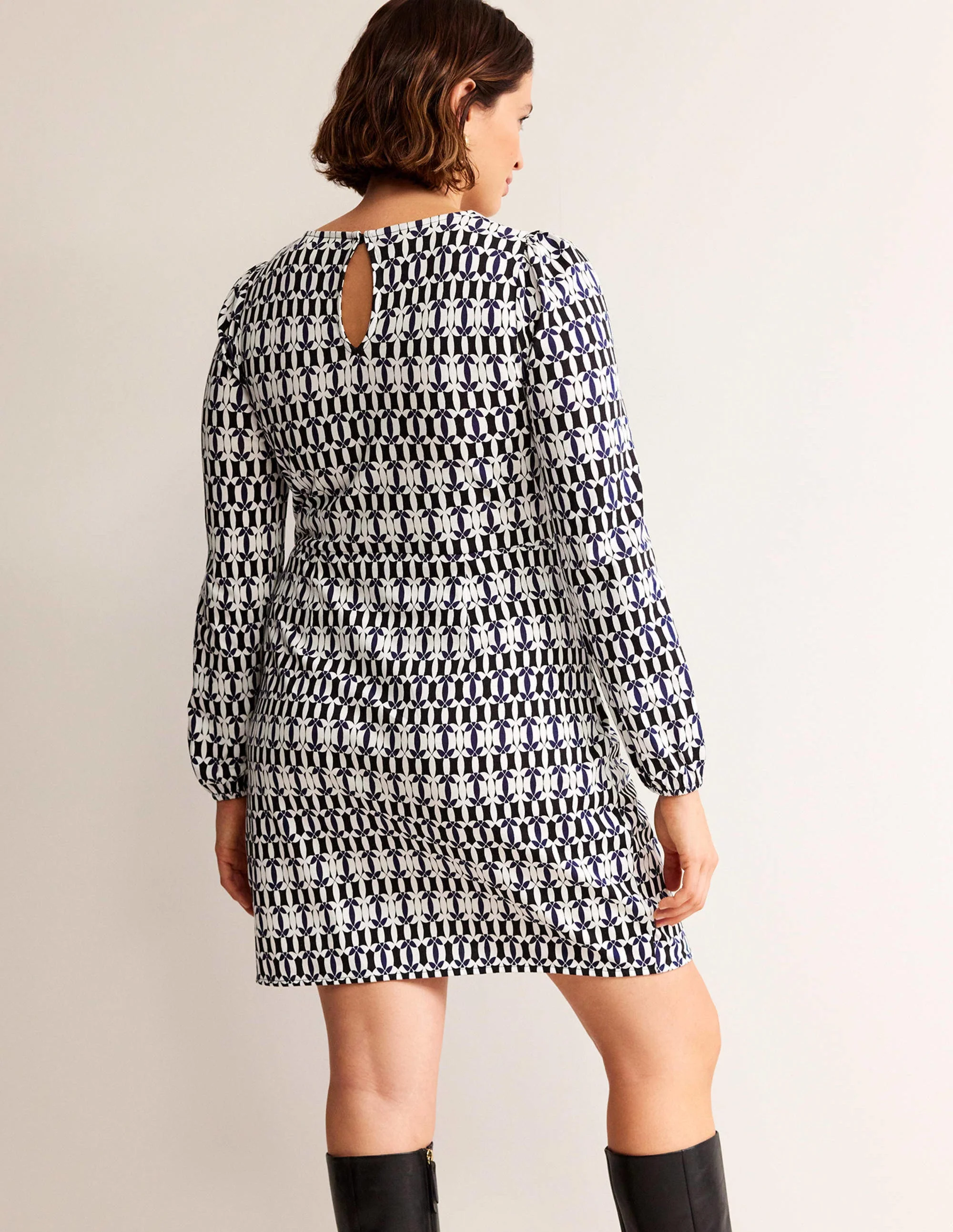 Wrap-Effect Jersey Mini Dress-Black, Geometric - Image 7