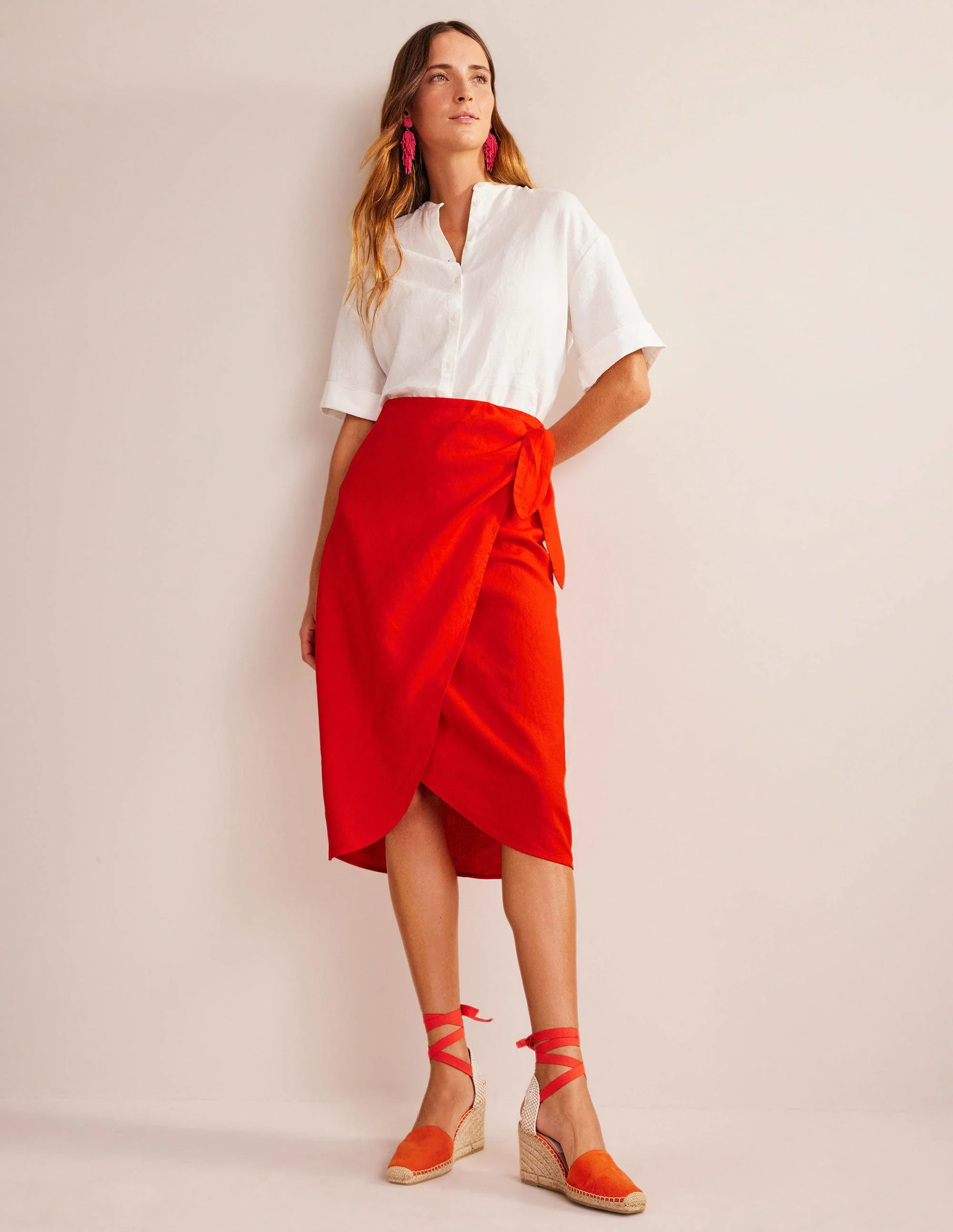 Wrap-Front Linen Midi Skirt-Orange Sunset