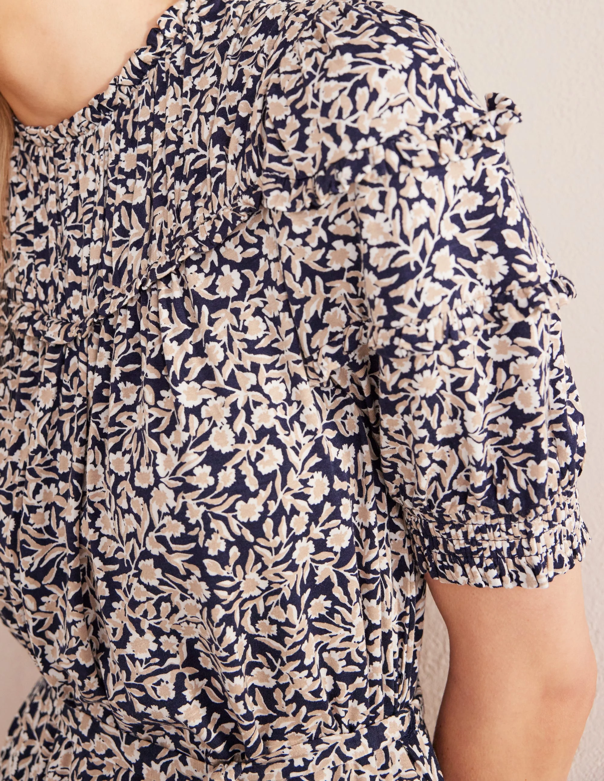 Yoke Detail Jersey Midi Dress-French Navy, Abstract Vine - Image 2