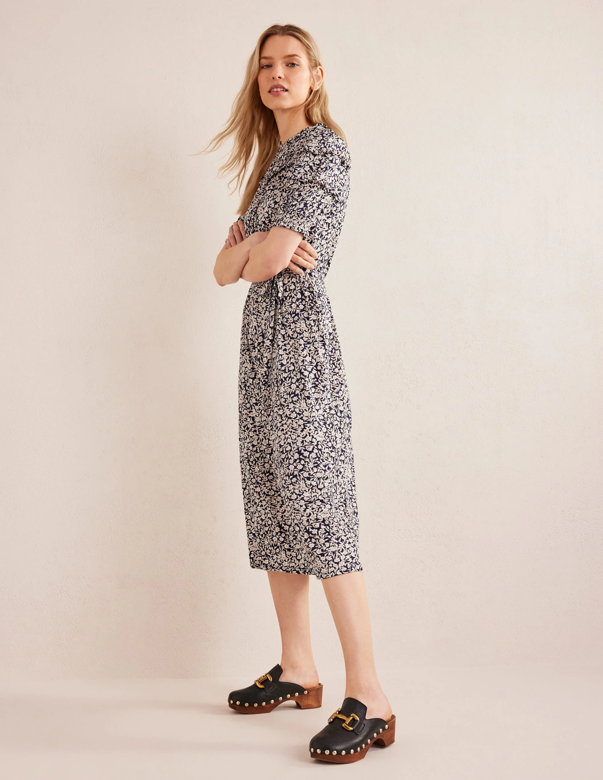 Yoke Detail Jersey Midi Dress-French Navy, Abstract Vine - Image 4