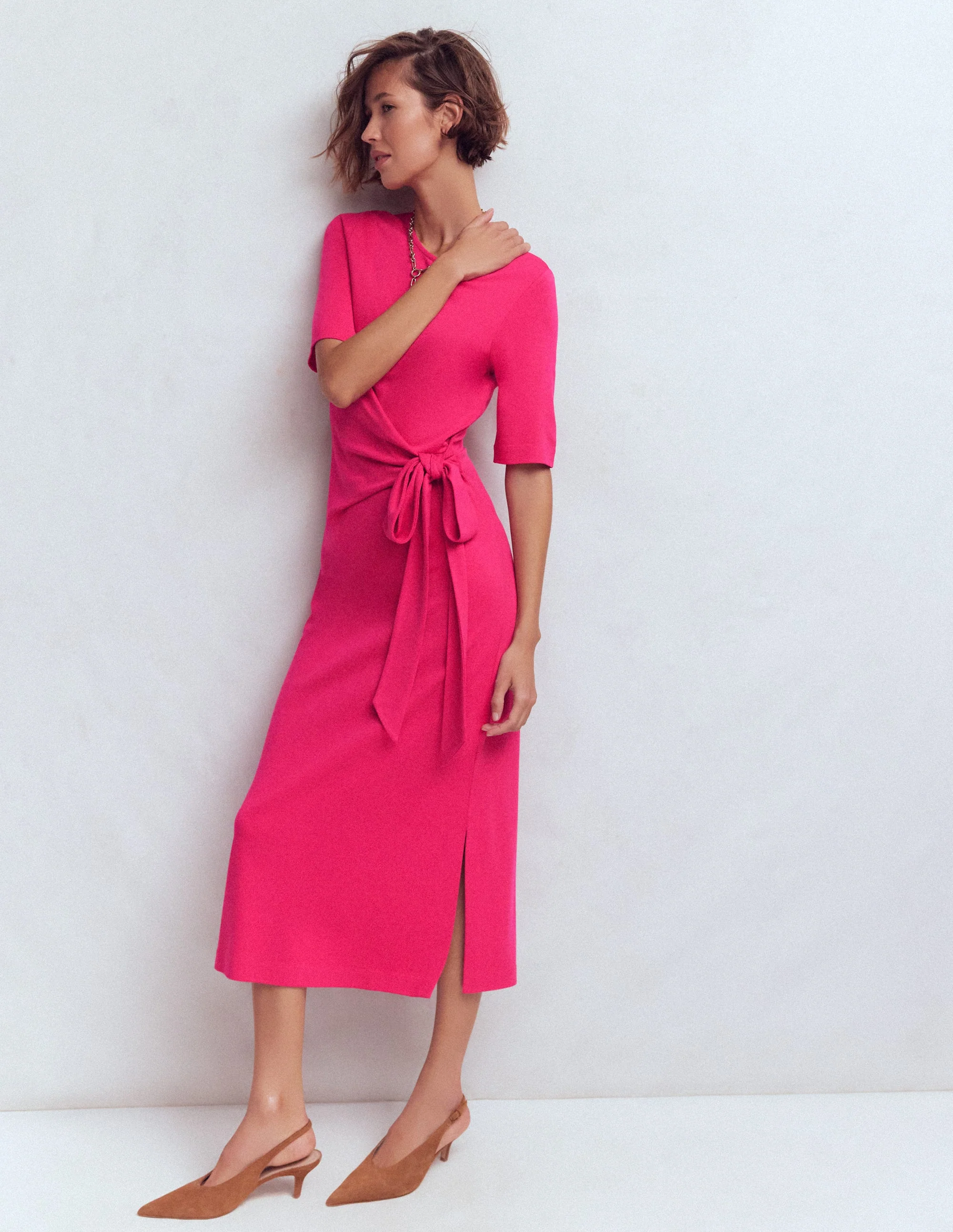 Zinnia Tie Jersey Midi Dress-Vibrant Pink - Image 5
