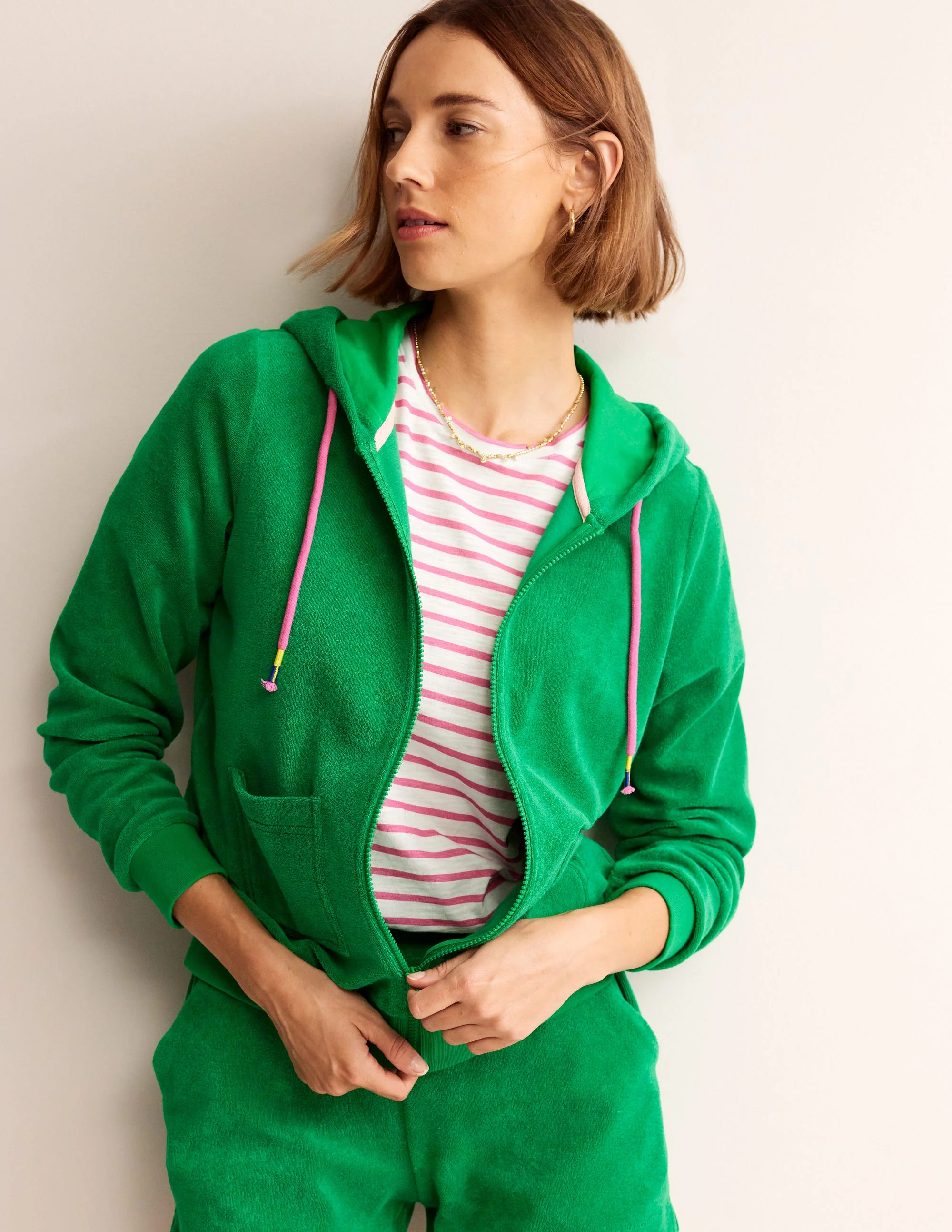 Zip Through Towelling Hoodie-Green Tambourine